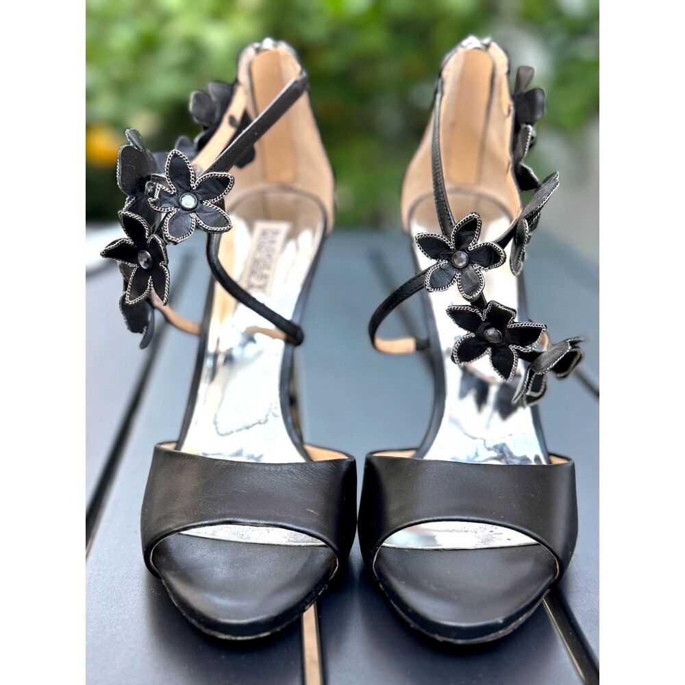 Badgley Mischka Langley Black Leather Strappy Floral Dress Sandal Heels Size 9